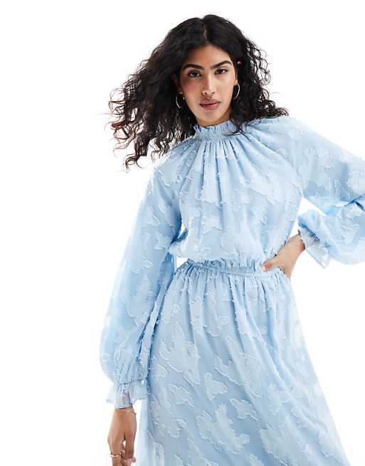 ASOS DESIGN high neck big sleeve jacquard maxi dress in sky ASOS DESIGN high neck big sleeve jacquard maxi dress in sky