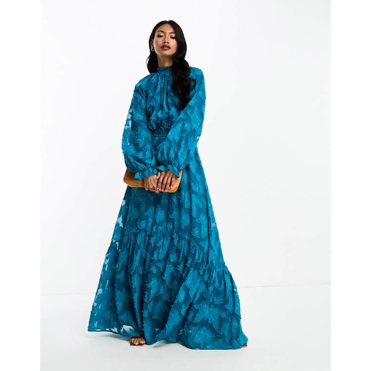 asos teal lace dress ASOS DESIGN Tall lace and pleat long sleeve midi dress in teal green