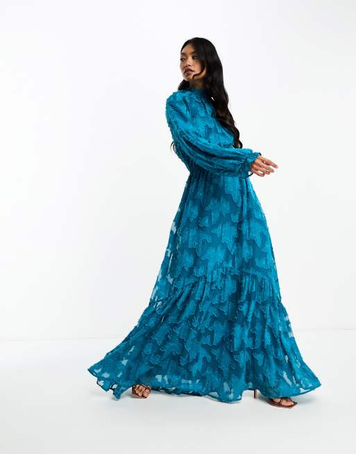 ASOS DESIGN high neck big sleeve jacquard maxi dress in teal ASOS