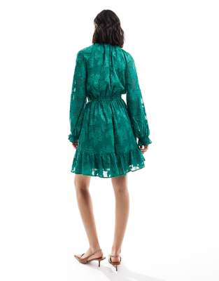ASOS DESIGN high neck big sleeve jacquard mini dress in pine green | ASOS