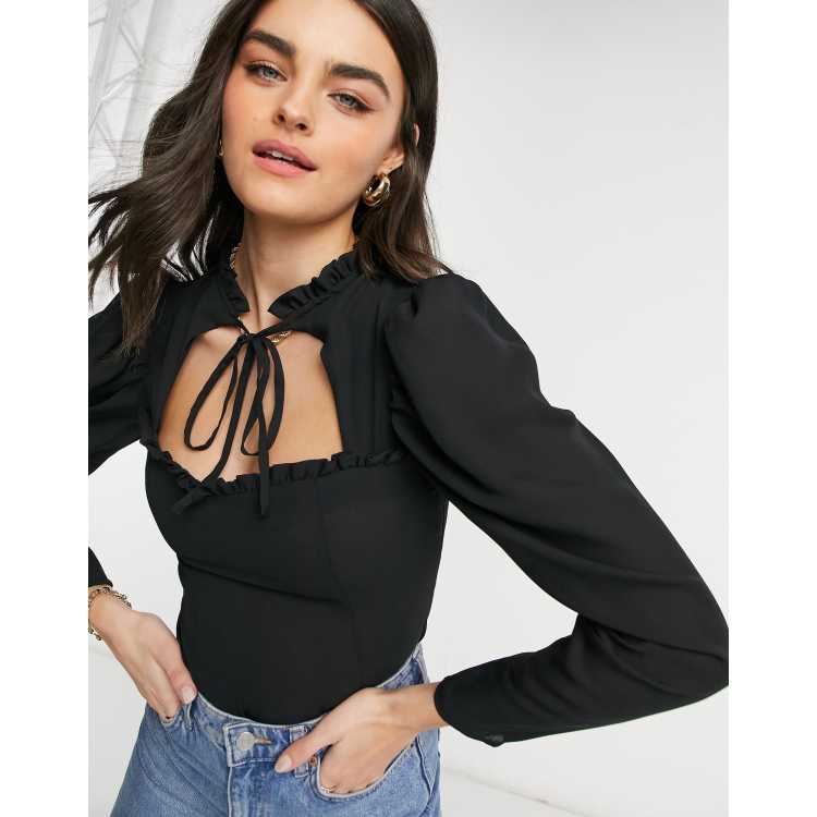 ASOS DESIGN high neck blouse with sweetheart cut out detail in black