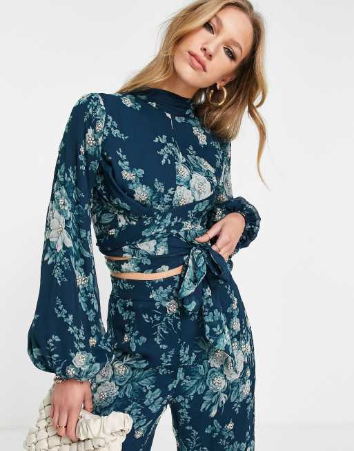 ASOS DESIGN high neck blouse with tie front in navy floral - part of a set