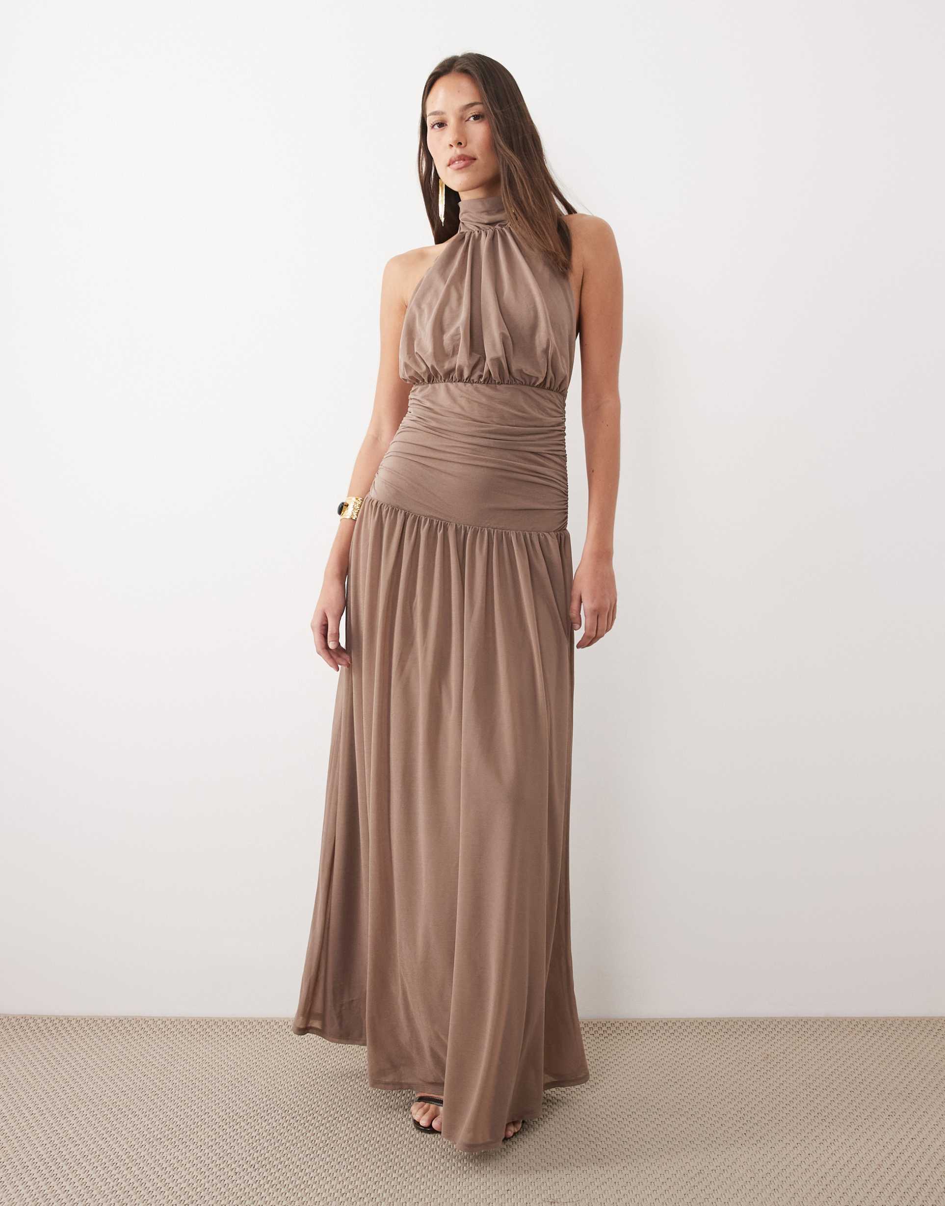 asos design high neck blouson halter maxi dress with full skirt in dusty rose