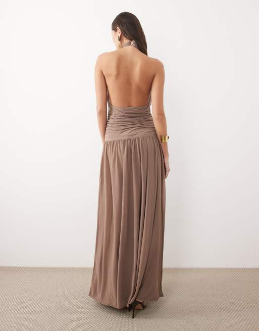 ASOS DESIGN high neck blouson halter maxi dress with full skirt in dusty rose, 2 of 4