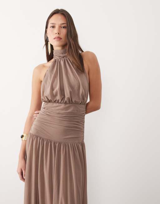 ASOS DESIGN high neck blouson halter maxi dress with full skirt in dusty rose, 3 of 4