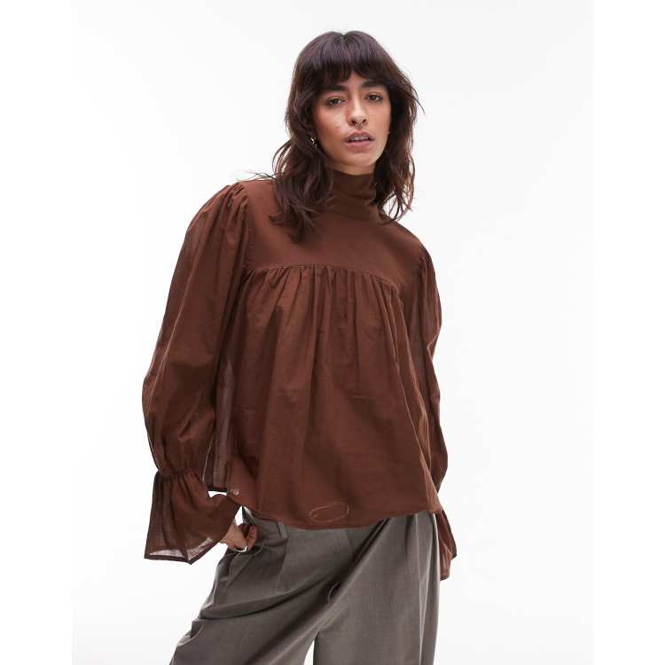 ASOS DESIGN high neck blouson sleeve blouse in chocolate | ASOS