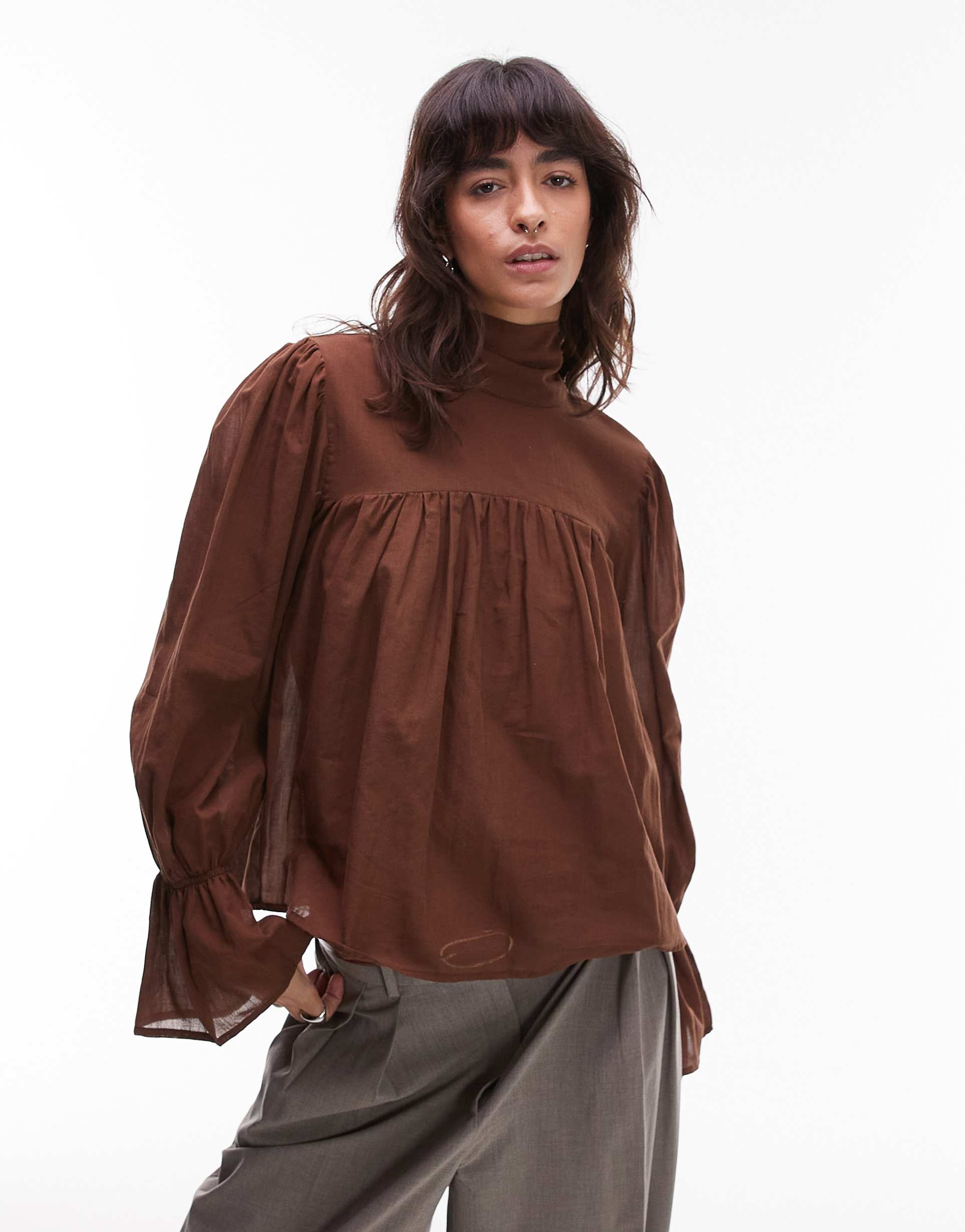 asos design high neck blouson sleeve blouse in chocolate