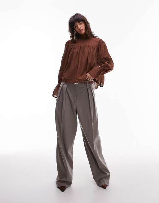 ASOS DESIGN high neck blouson sleeve blouse in chocolate, 4 of 4