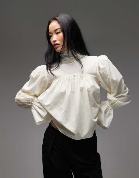 ASOS DESIGN high neck blouson sleeve blouse in cream - view 1