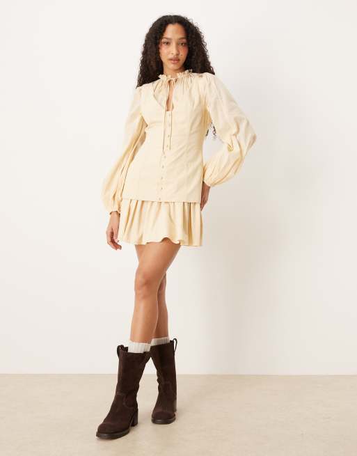 ASOS DESIGN high neck blouson sleeve button down mini dress in cream, 2 of 4