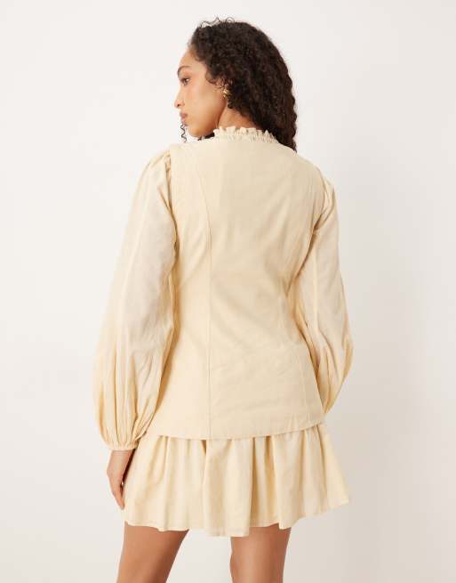 ASOS DESIGN high neck blouson sleeve button down mini dress in cream, 3 of 4