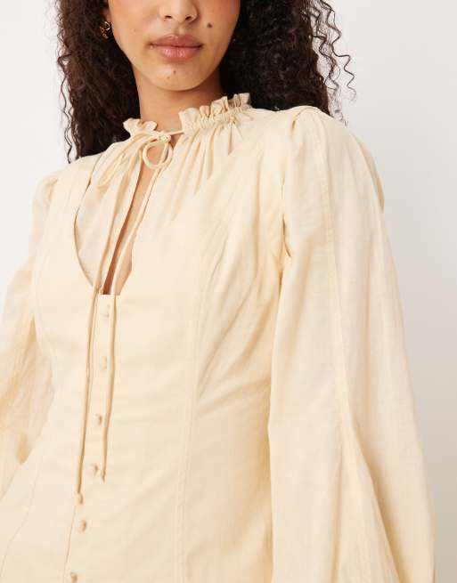 ASOS DESIGN high neck blouson sleeve button down mini dress in cream, 4 of 4