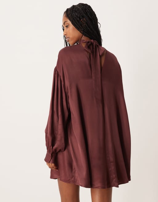 ASOS DESIGN high neck blouson sleeve open back satin slip mini dress in chocolate, 2 of 4