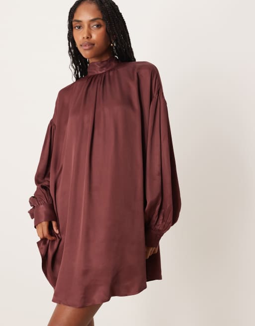 ASOS DESIGN high neck blouson sleeve open back satin slip mini dress in chocolate, 4 of 4