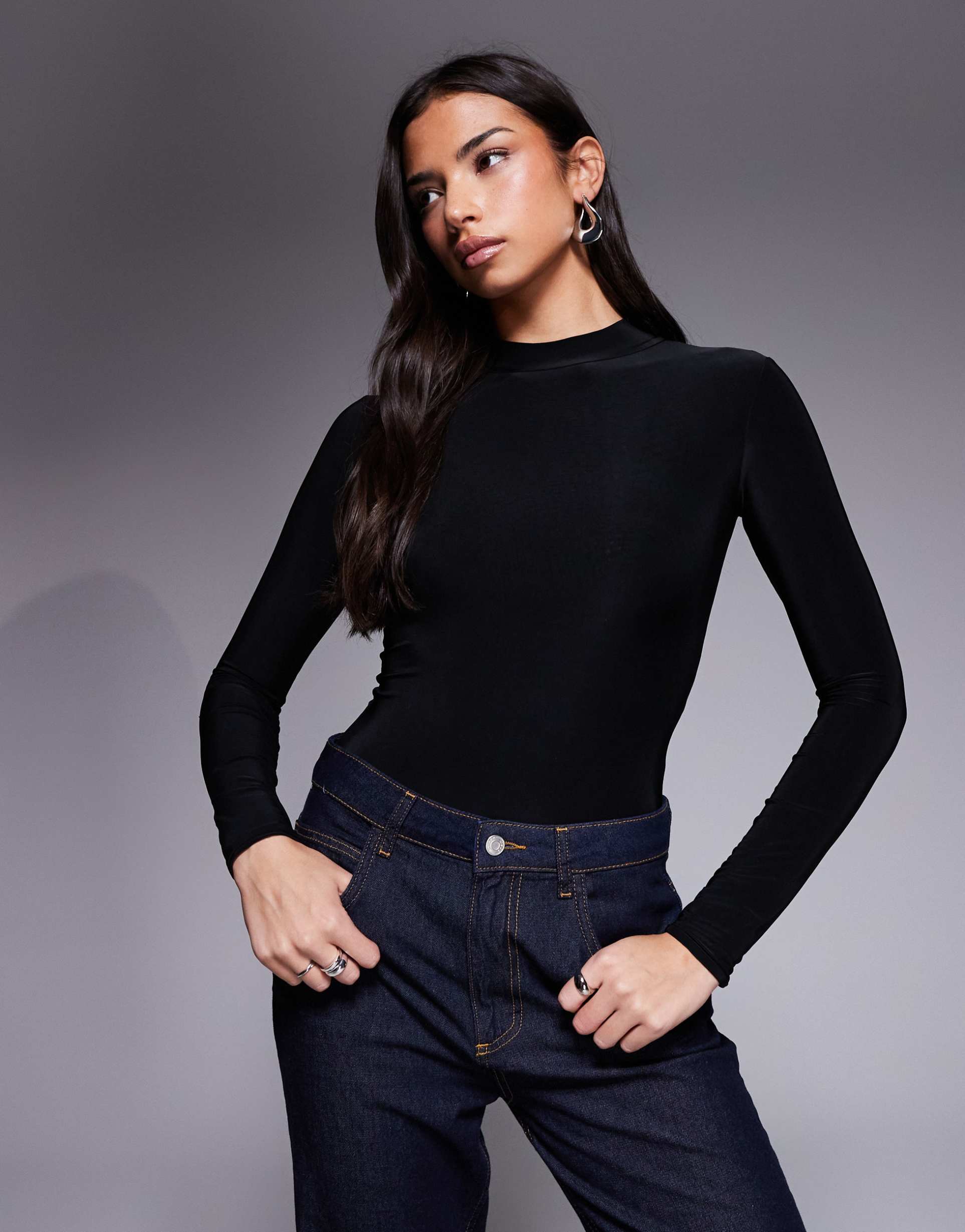 asos design high neck bodysuit with draped neckline in black