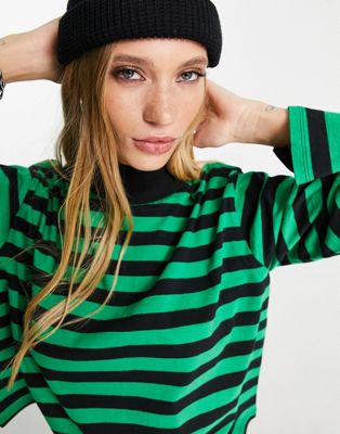 ASOS DESIGN high neck boxy long sleeve top in black and green stripe  | ASOS