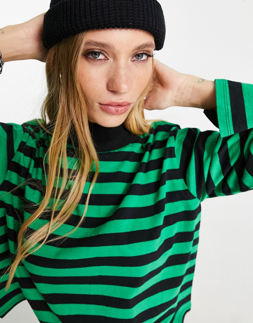 ASOS DESIGN high neck boxy long sleeve top in black and green stripe-Multi