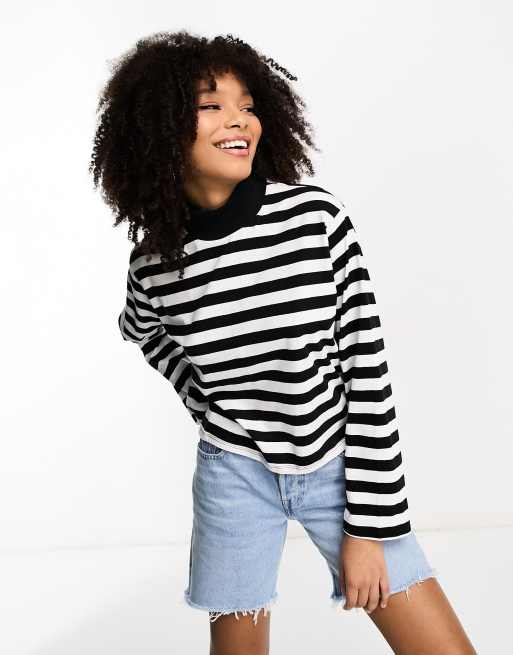 ASOS DESIGN high neck boxy long sleeve top in mono stripe