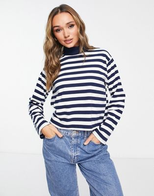ASOS DESIGN high neck boxy long sleeve top in navy and white stripe