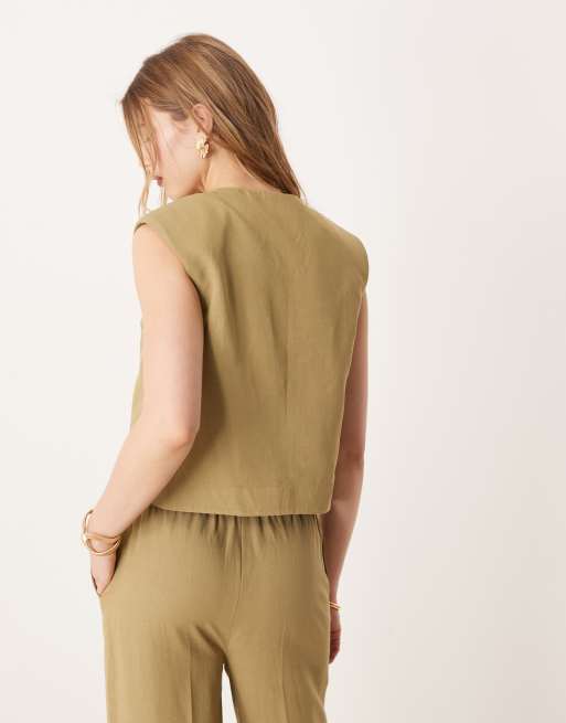 ASOS DESIGN high neck boxy vest with linen in khaki - part of a set, 4 of 4