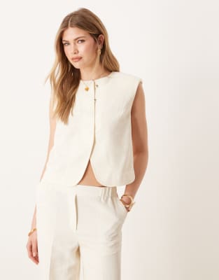 ASOS DESIGN high neck boxy waistcoat co-ord with linen in ivory-White