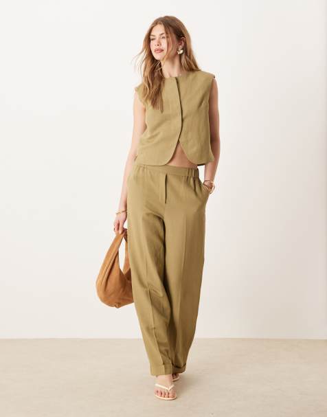 ASOS DESIGN high neck boxy waistcoat & tailored straight leg trousers co-ord with linen in khaki - view 1