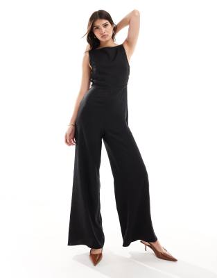 Asos Design High Neck Button Side Detailed Wide Leg Jumpsuit In Black