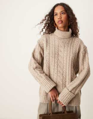 high neck cable knit sweater in neppy yarn-Multi