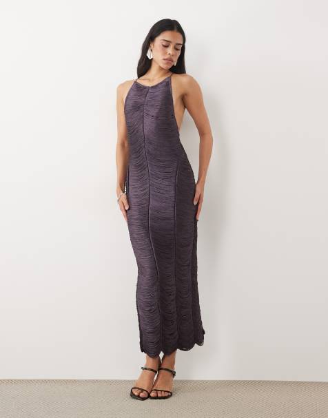 ASOS DESIGN high neck cami fringe midi dress in aubergine