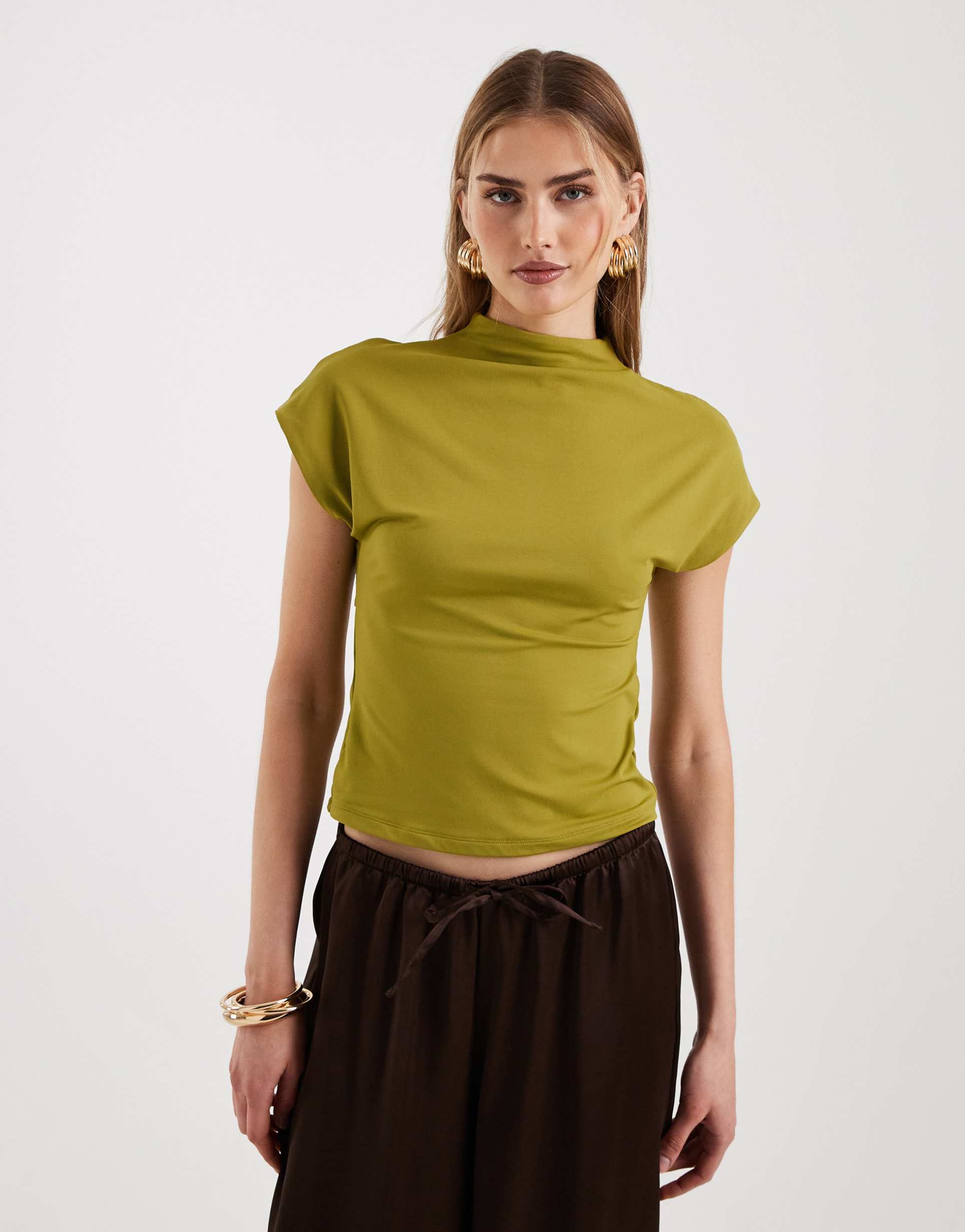 asos design high neck cap sleeve hardware back polyamide top in khaki