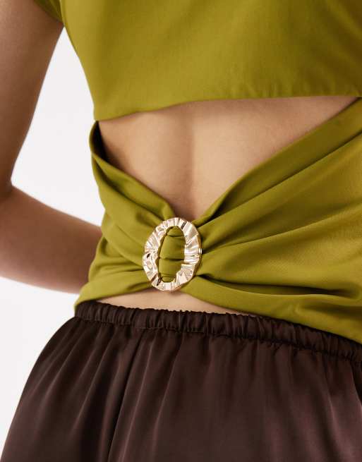 ASOS DESIGN high neck cap sleeve hardware back polyamide top in khaki, 3 of 4