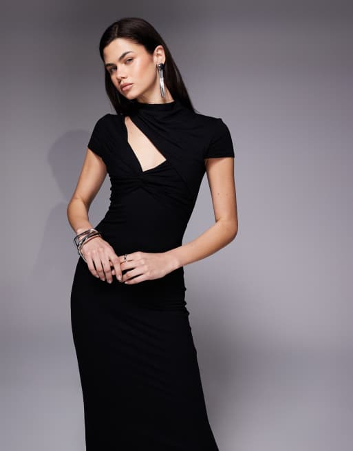ASOS DESIGN high neck cap sleeve maxi dress with asymmetric knot bust in black, 2 of 4