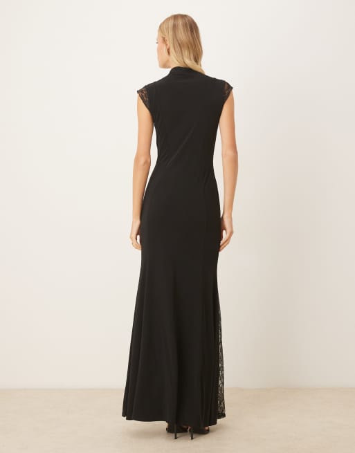 ASOS DESIGN high neck cap sleeve maxi dress with lace insert detailing in black