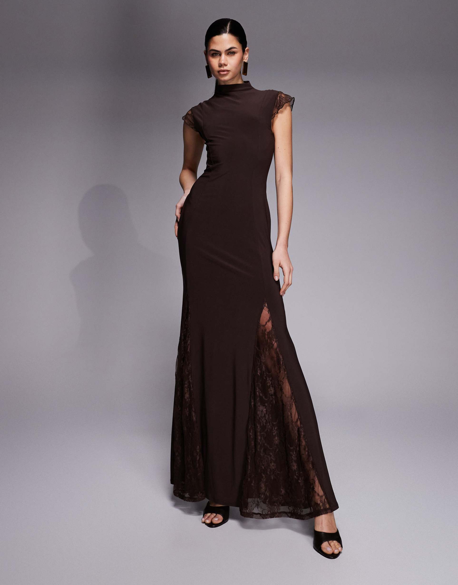 asos design high neck cap sleeve maxi dress with lace insert detailing in brown