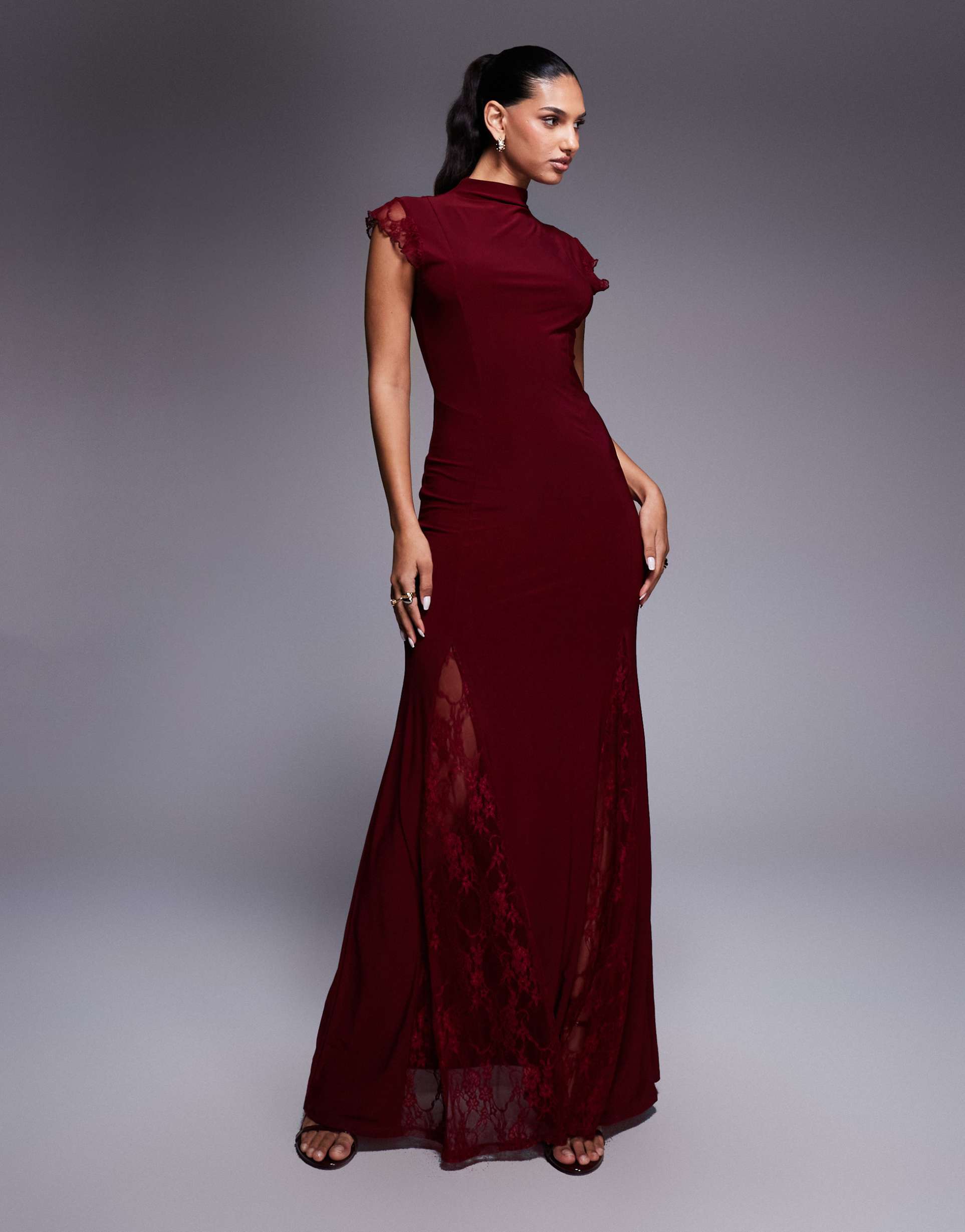 asos design high neck cap sleeve maxi dress with lace insert detailing in burgundy