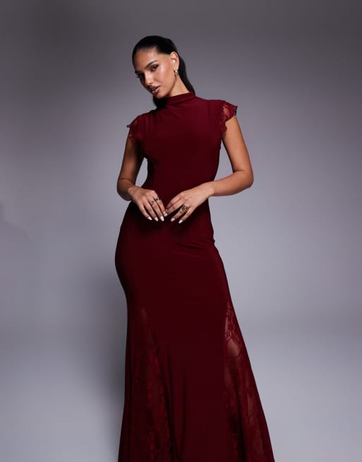 ASOS DESIGN high neck cap sleeve maxi dress with lace insert detailing in burgundy, 3 of 4