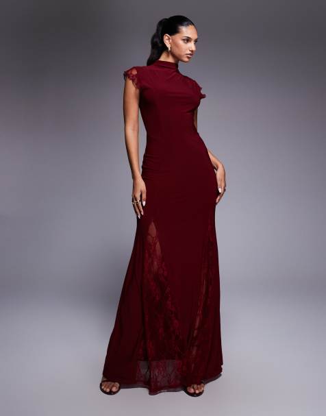 ASOS DESIGN high neck cap sleeve maxi dress with lace insert detailing in wine