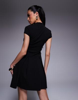 ASOS DESIGN high neck cap sleeve mini dress with button detail in black