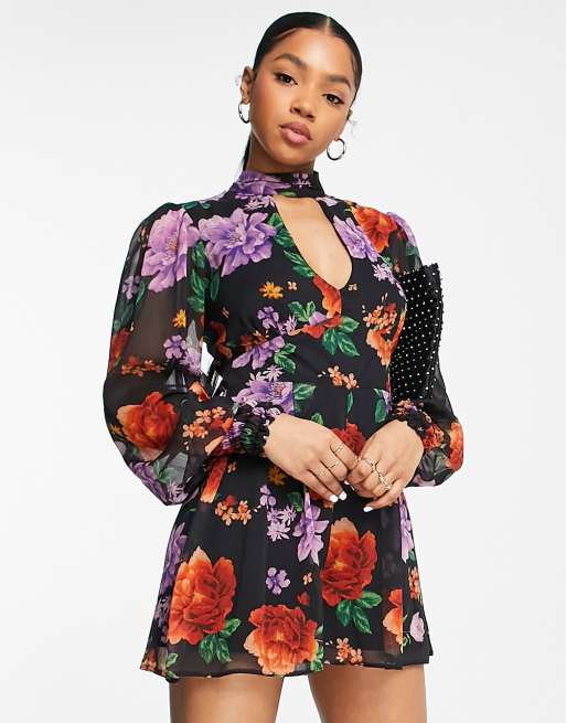 ASOS DESIGN high neck chiffon flippy playsuit in rose print | ASOS