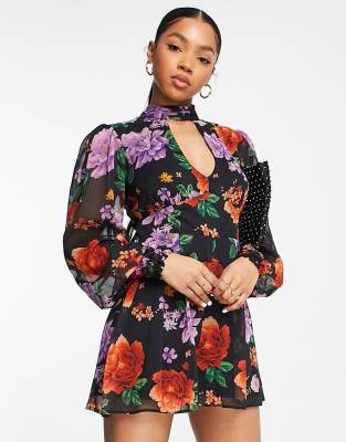 ASOS DESIGN high neck chiffon flippy romper in rose print | ASOS