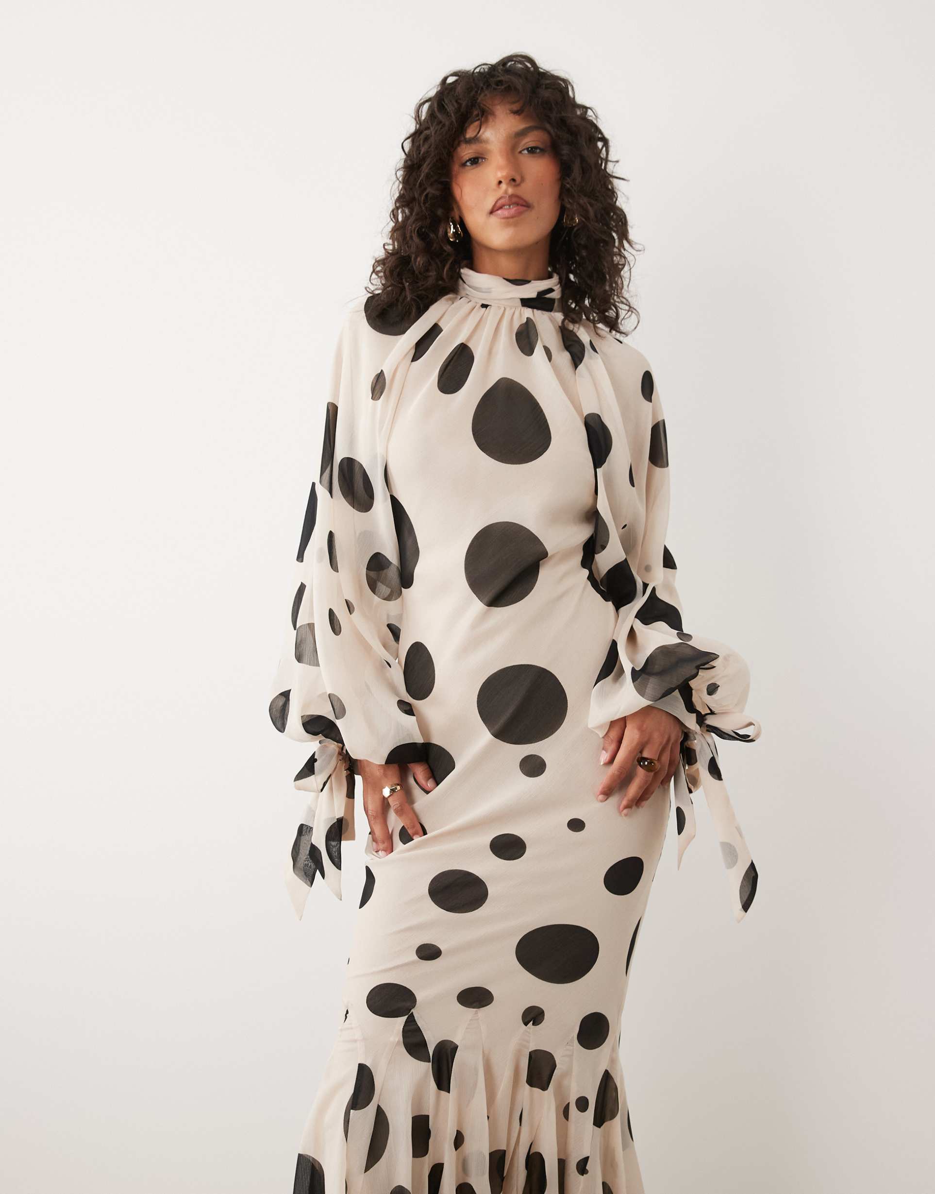 asos design high neck chiffon maxi dress with godet hem in polka dot