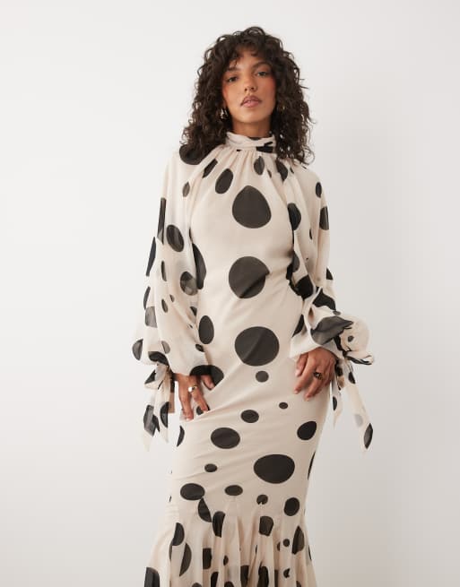 ASOS DESIGN high neck chiffon maxi dress with godet hem in polka
