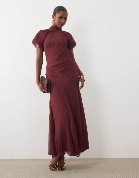 ASOS DESIGN high neck chiffon maxi dress with puff sleeve in plum - view 1