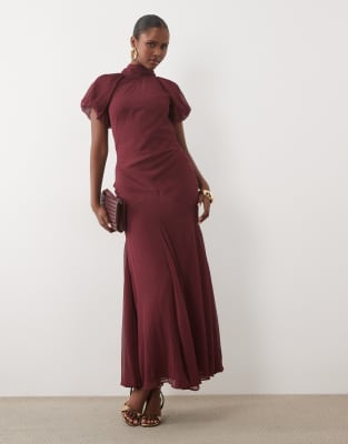 Asos Design High Neck Chiffon Maxi Dress With Puff Sleeves In Red