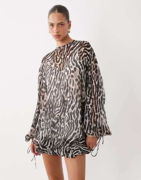 ASOS DESIGN high neck chiffon mini dress with blouson waist in animal print - view 1