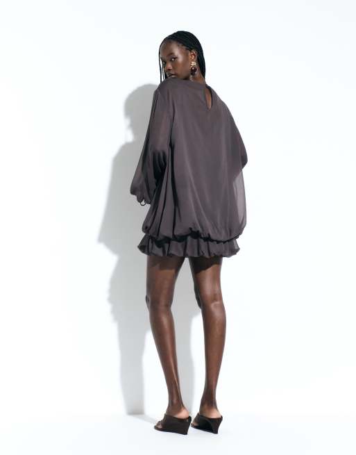 ASOS DESIGN high neck chiffon mini dress with blouson waist in chocolate brown, 3 of 5