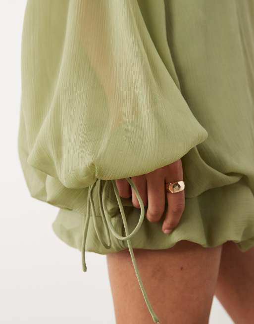 ASOS DESIGN high neck chiffon mini dress with blouson waist in sage, 3 of 4