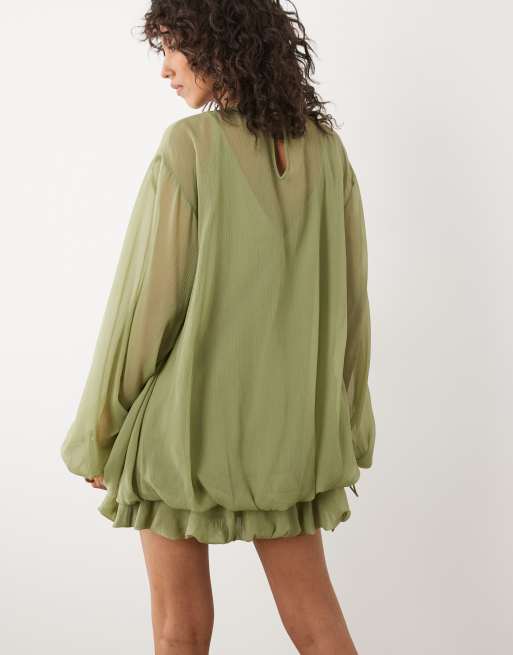ASOS DESIGN high neck chiffon mini dress with blouson waist in sage, 4 of 4