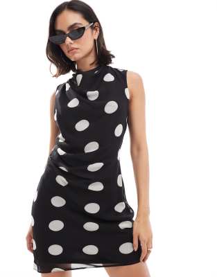 ASOS DESIGN high neck chiffon mini dress with drape detail in mono spot print - view 1