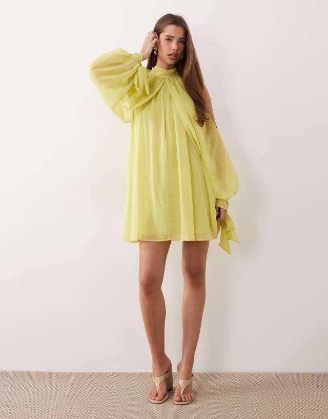 green mini dress asos DESIGN high neck chiffon with open sleeve in lime asos green midi dress